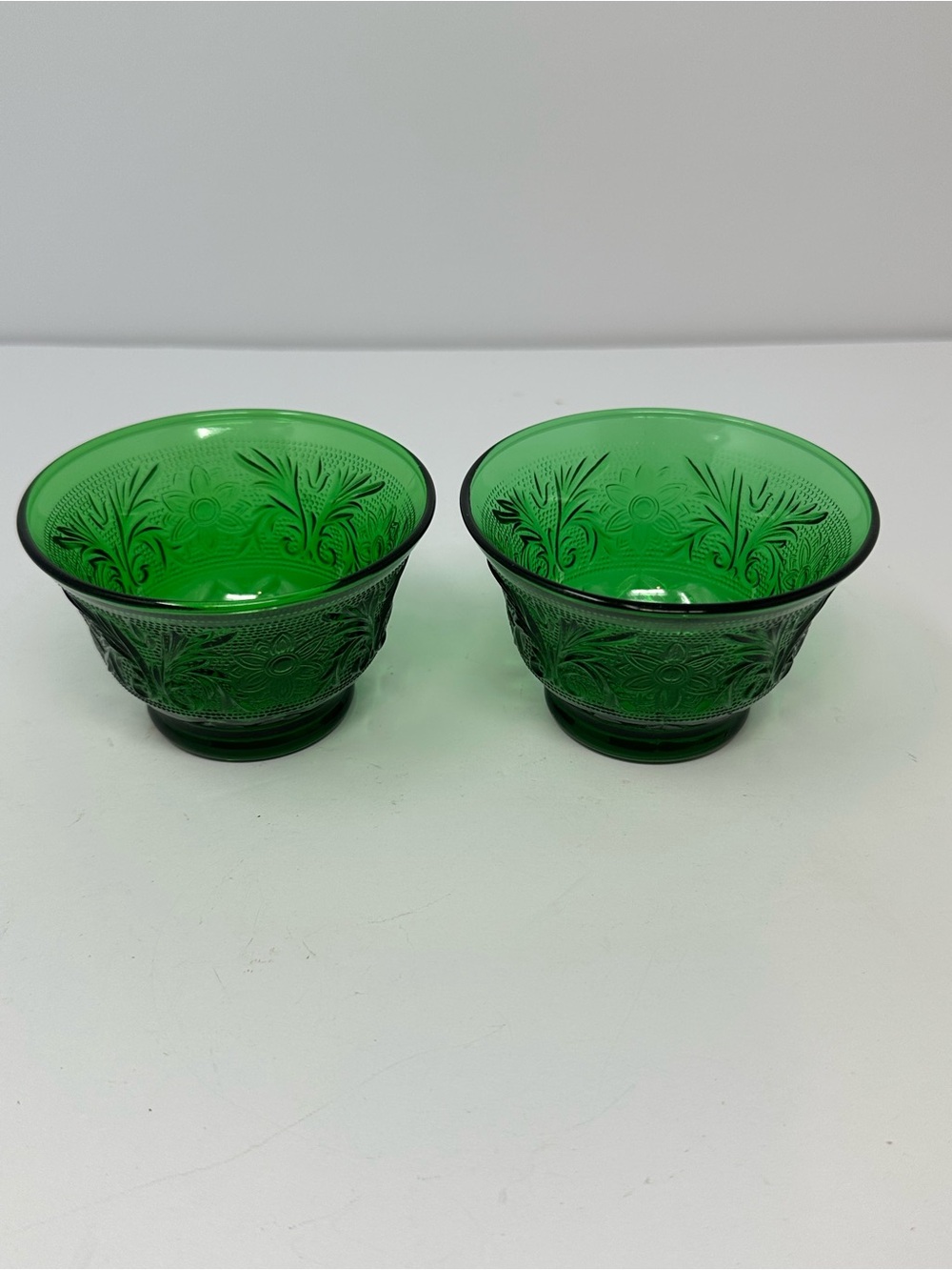 2 Anchor Hocking "Sandwich" Glass Forest Green Custard Cups/Bowls A1